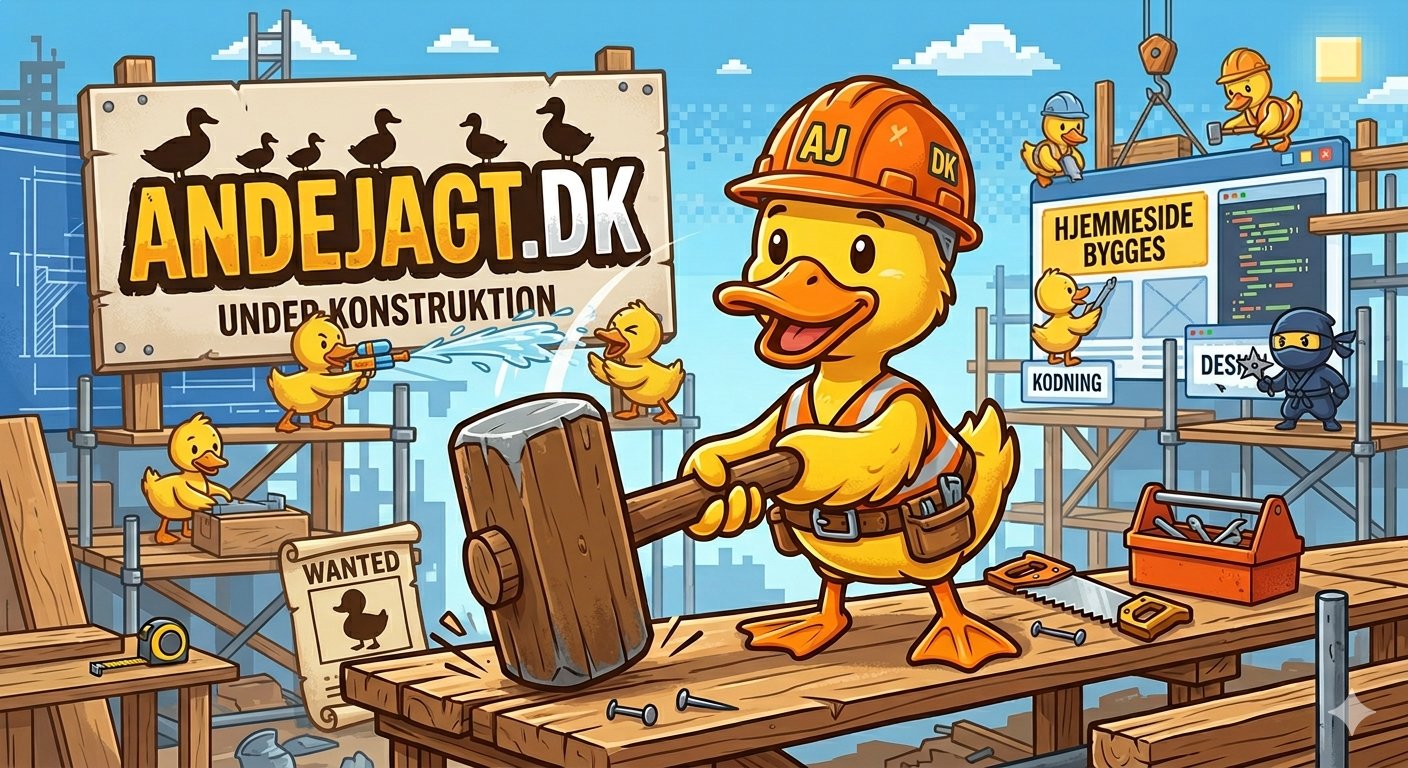 Andejagt.dk under konstruktion — en and med byggehjelm og forhammer bygger hjemmesiden